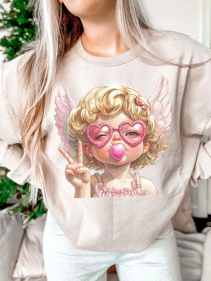 Retro Cupid Valentines Day Blowing Bubble PNG, Vintage Valentines Day png, Funny Cupid With Sunglasses png, Valentines Day png, Cupid png
