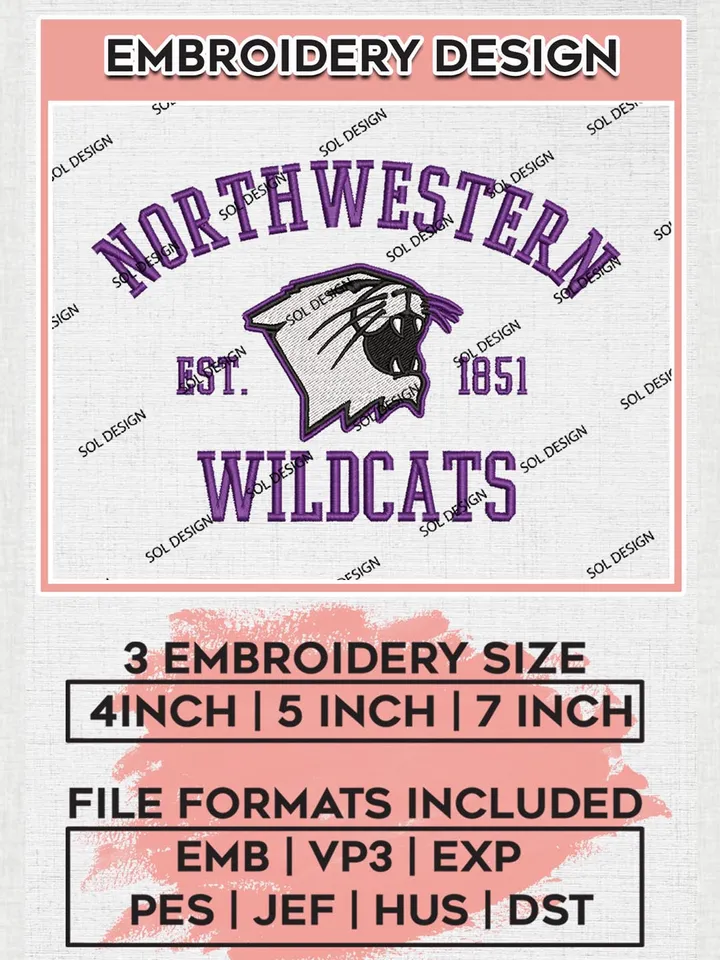 Northwestern Wildcats Est 1851 Embroidery Designs, NCAA Northwestern Wildcats Team Embroidery, NCAA Team Logo, 3 sizes, Machine embroidery Files, Digital Download