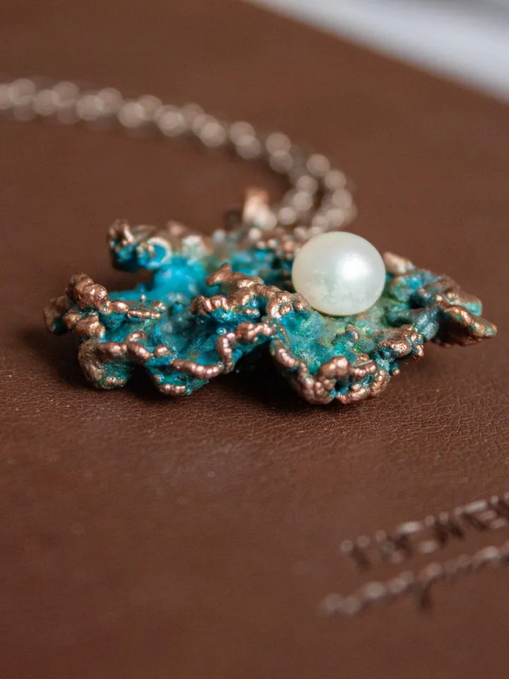 Original handmade copper electroformed pendant made of natural moss with pearl