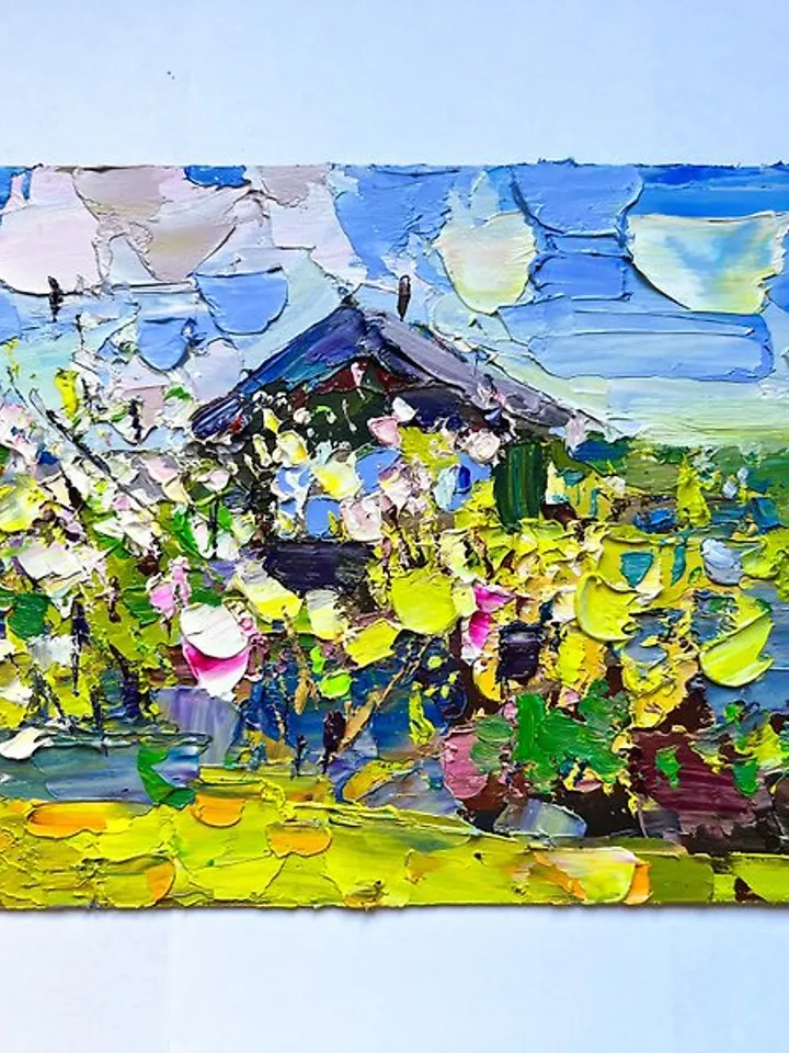 Blooming tree Painting Original Painting village Artwork Impasto Oil Painting