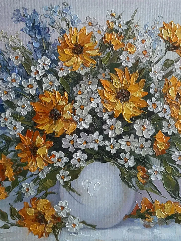 Yellow flower oil painting Original art Wildflowers Palette knife painting Wall art