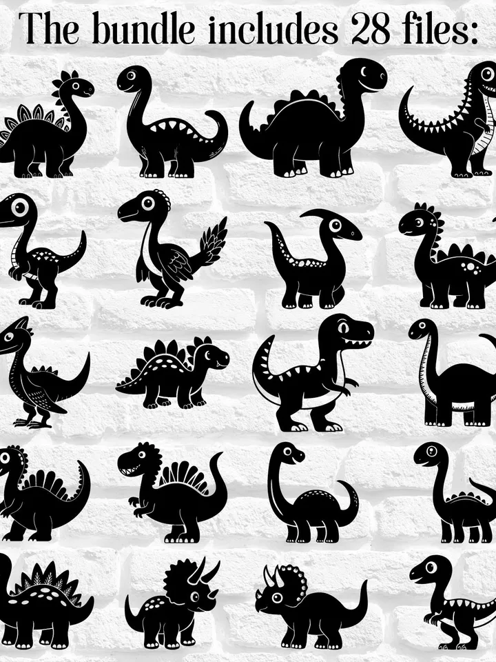 Cute Dinosaur SVG bundle, 28 Vector files, kids dino silhouette clipart, t-rex laser cut file, DXF, all in one PNG, eps, pdf