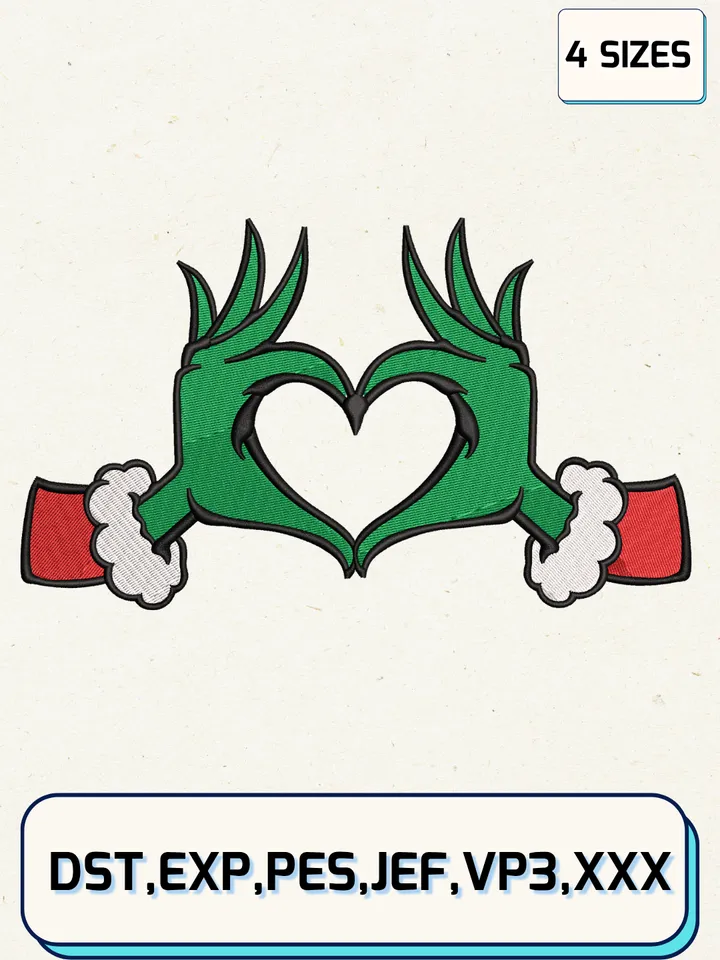 Grinch Heart Hands Embroidery Design,Christmas Embroidery Designs,Machine Embroidery Files,Grinch Embroidery Design,4 Sizes