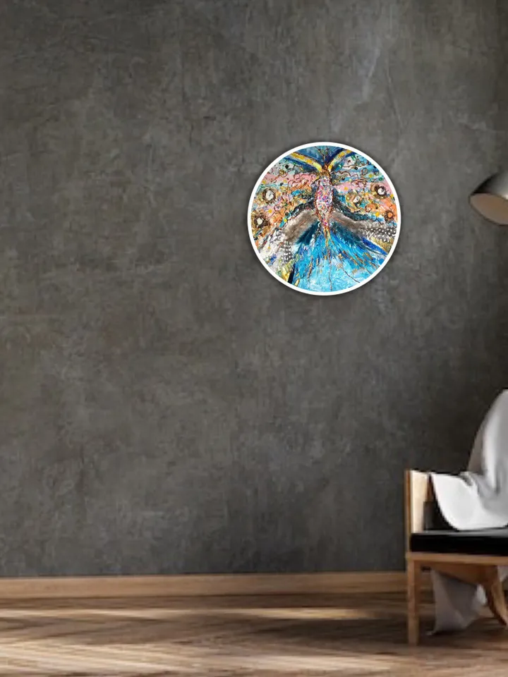 Abstract butterfly mix media painting on round canvas,original artwork,oil,acrylic feathers and beads decorated,unique home decoration ,gift