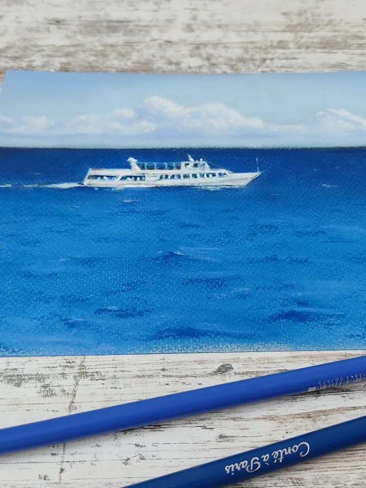 Boat at Sea. Original soft pastel drawing.