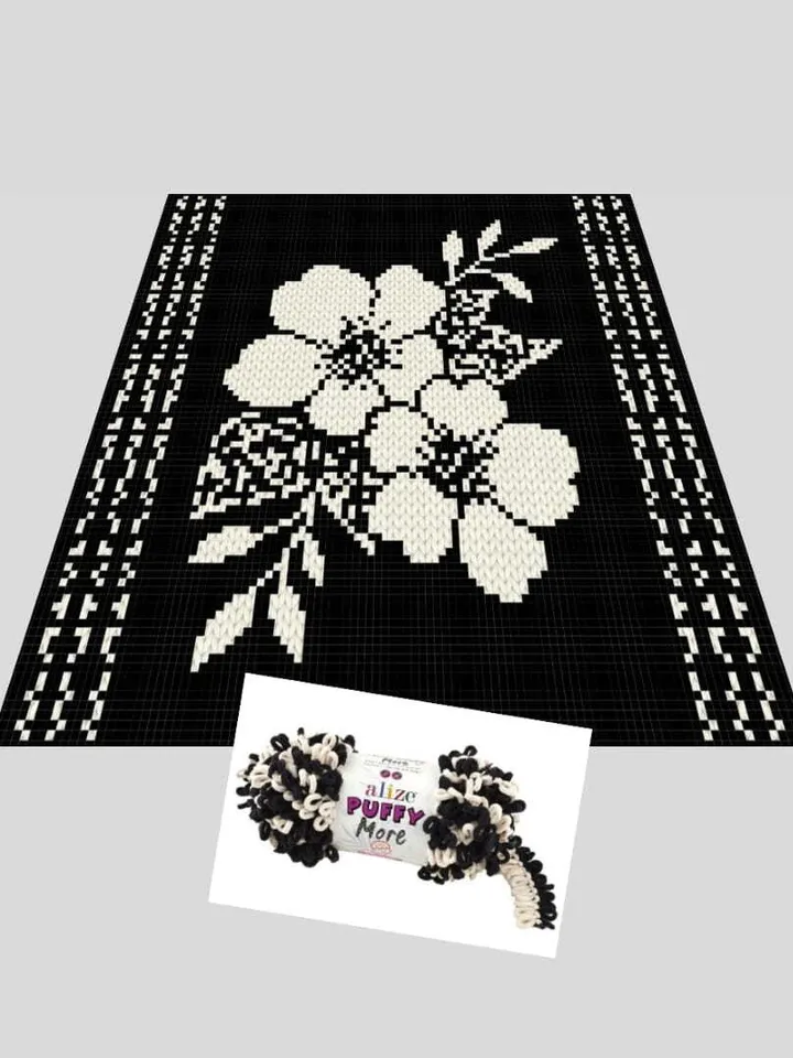 Loop yarn Finger knitted Sakura Flowers blanket pattern