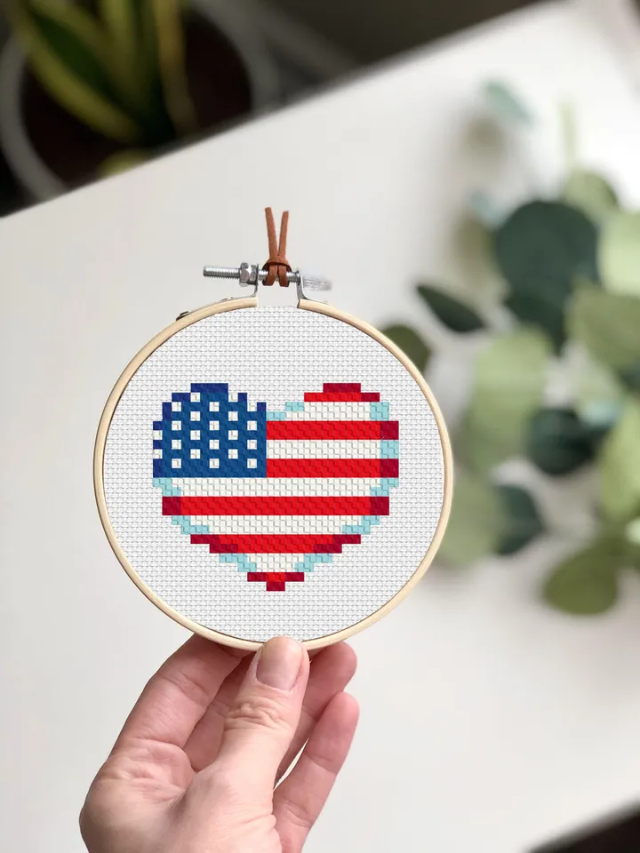 American flag heart cross stitch pattern PDF download Patriotic cross stitch chart, Independence Day 4th of July, USA flag cross stitch #T18