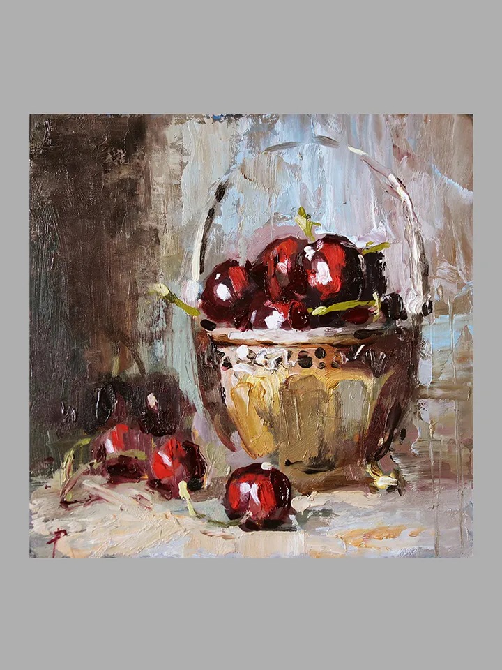 Sweet cherry. Oil painting on cardboard.