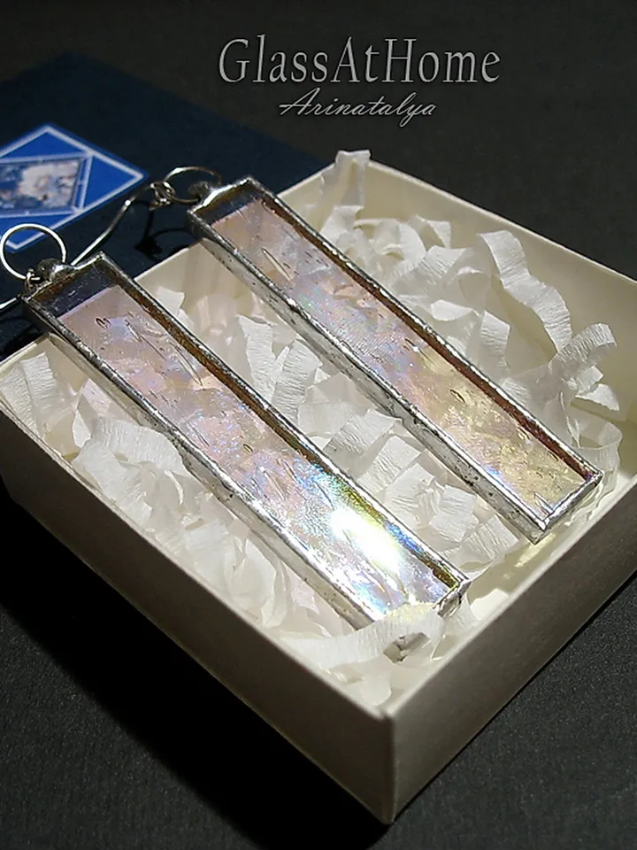 Iridescent stained glass, clear earrings, cute rectangle earrings, dichroic earrings, duochrome earrings
