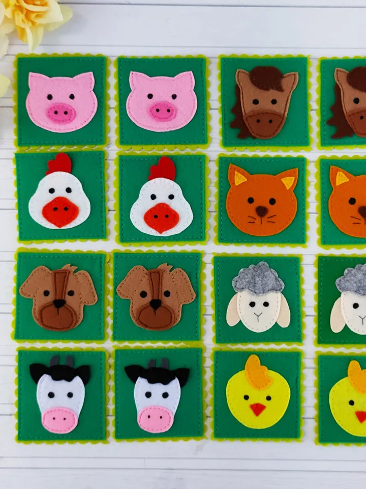 Felt memory game PDF Pattern, Farm animals Matching Cards, Educational toys for kids, Felt toy pattern, Travel Toys for toddlers