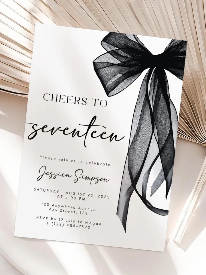 Coquette Black Bow 17th Invitation, Editable Seventeenth Birthday Party Invite, DIY Digital Black Ribbon, Cheers to Seventeen Invite