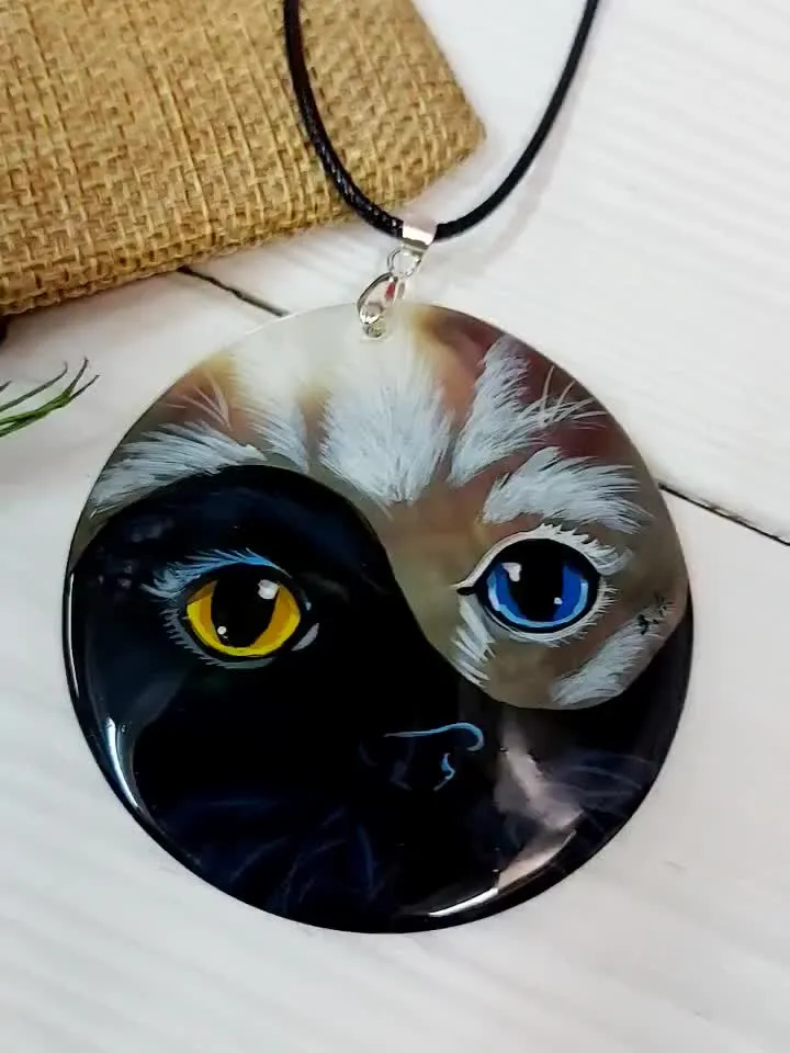 Pendant Mother-of-pearl "Yin-Yang Cat" miniature hand-painted. Russian jewelry. Gift for cat lovers. Hand-painted Necklace. MOP
