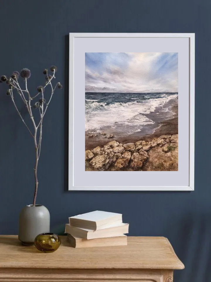 Seascape Original Painting Beach Watercolor Wall Art Clouds and Sea Painting