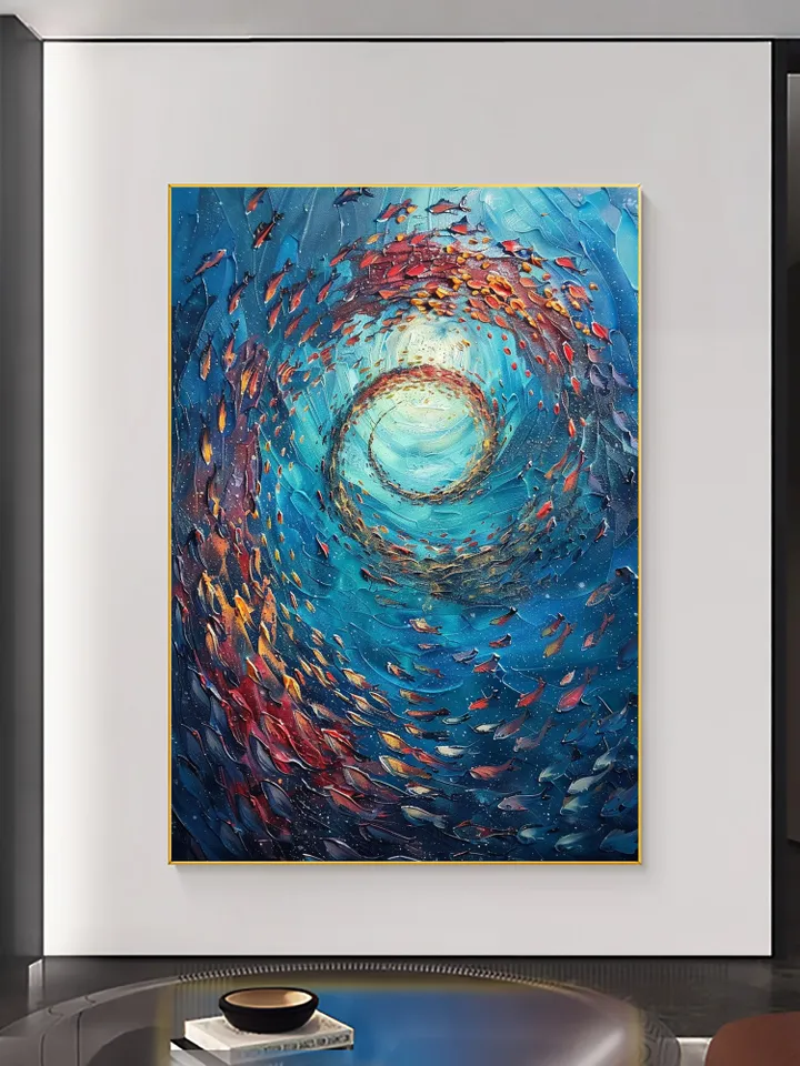 Original School of Fish Oil Painting On Canvas, Abstract Blue Underwater World Art, Ocean Painting, Custom Painting, Living Room Wall Art