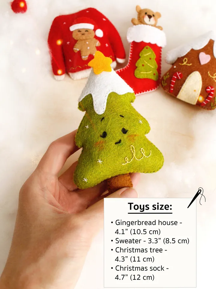 Felt Christmas tree garland hand sewing PDF tutorial with patterns. DIY Christmas tree ornaments. Soft toy pattern