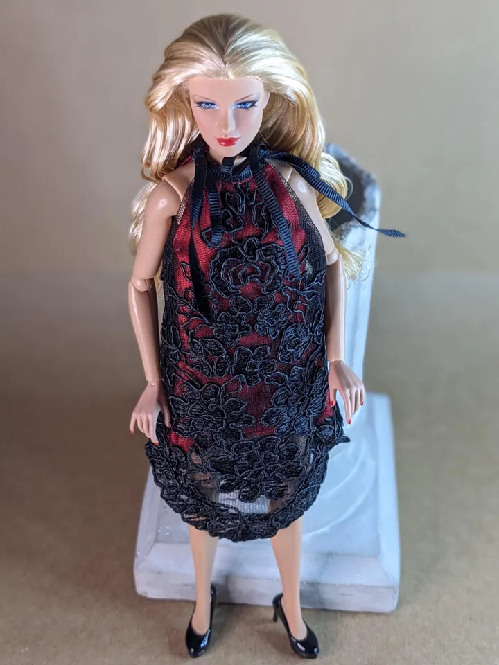 Handmade black & red lace dress for 13-inch fashion dolls