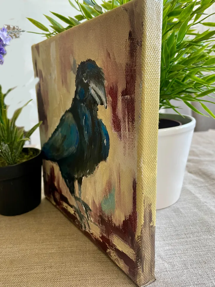 Crow painting, Original bird oil painting on canvas,  Raven wall art, Small animal artwork