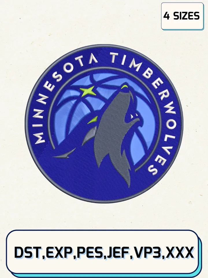 Minnesota Timberwolves Logos Embroidery Design Files,NBA Logos Embroidery Designs,Machine Embroidery Files,4 Sizes
