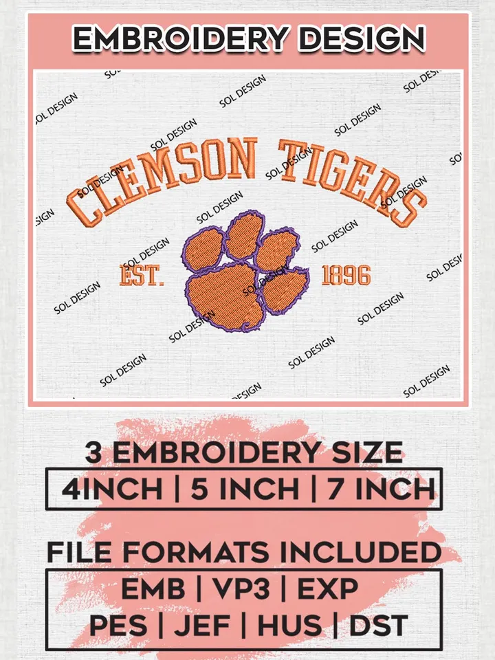 Clemson Tigers Est 1896 Embroidery Designs, NCAA Clemson Tigers Team Embroidery, NCAA Team Logo, 3 sizes, Machine embroidery Files, Digital Download