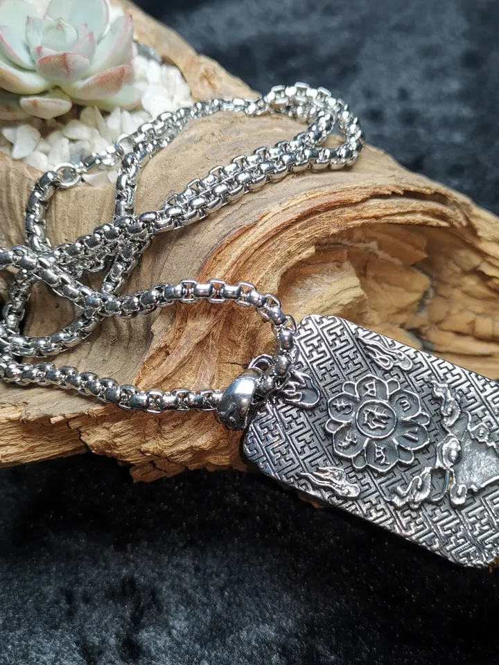 Gandhanra Handmade Titanium Steel Amulet Tag Necklace,Chenrezig,Padmapani,Avalokitesvara, Tibetan Buddhist Jewelry,Protection Necklace