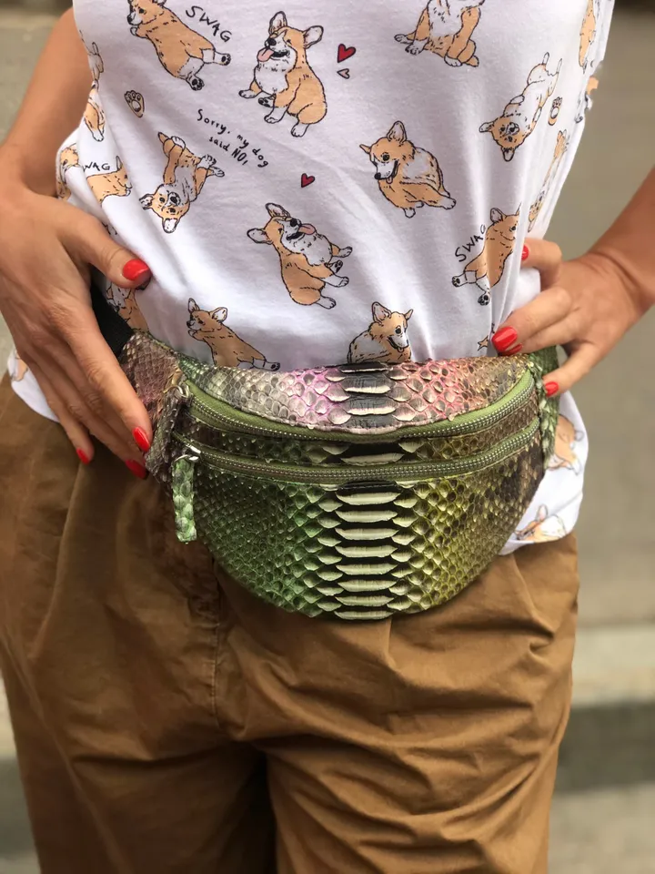Genuine Python Skin Fanny Pack  Bronze Green Milticolor  | Leather Belt Bag| Unisex Fanny Pack | Exotic Leather Bags | Snake Print Bag