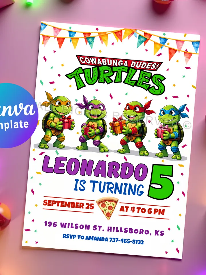 Ninja Turtles Cowabunga Invitation Birthday Party – Editable Canva Template for Ninjas Turtle Party. Digital or Printable Invite Card
