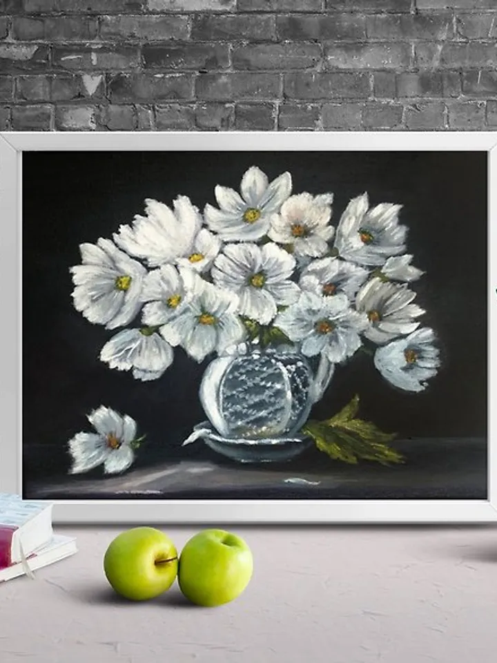 Black oil painting White flowers in a white vase White cosmea Art 25 x 30 cm