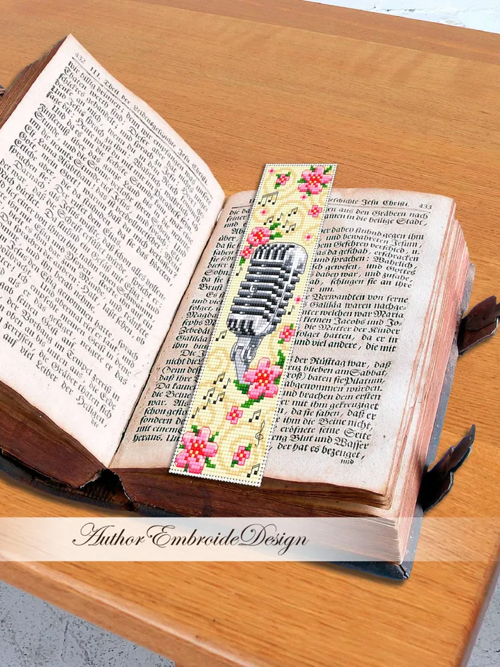 Music bookmark cross stitch pattern PDF download Retro Vintage microphone cross stitch chart, Flower bookmark pattern digital PDF #B410