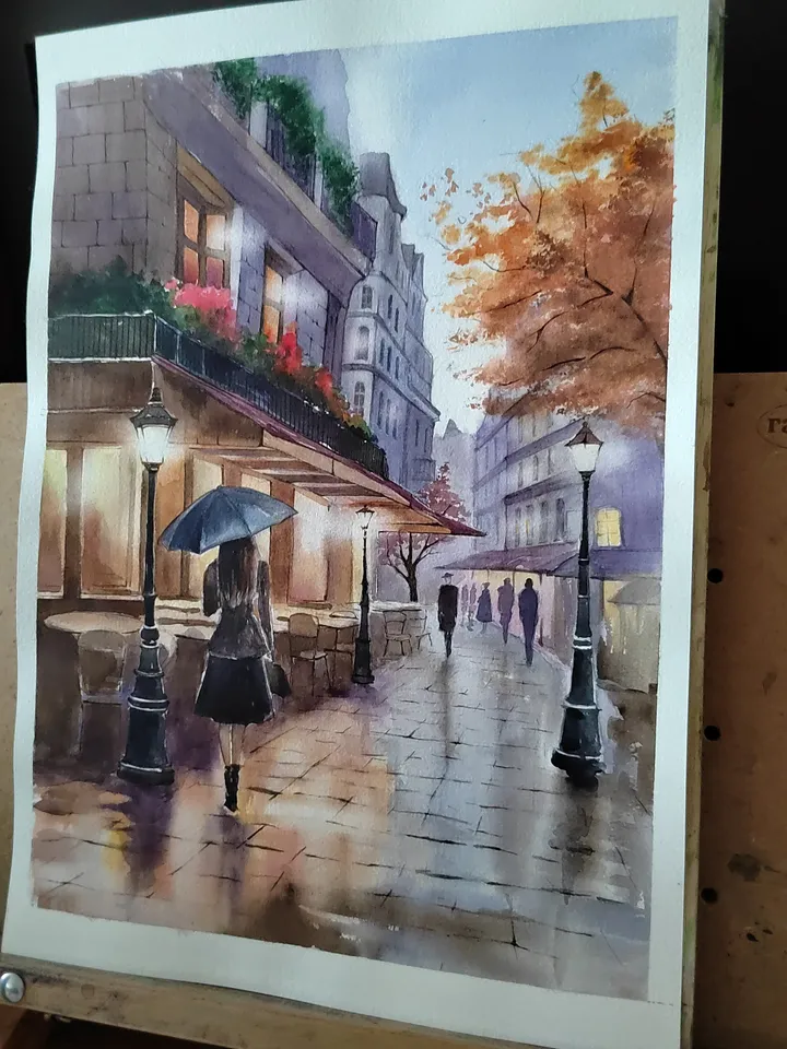 Old Paris Cafe Painting Girl Umbrella Art Cozy Cityscape Artwork Night Street Picture Original Watercolor Painting 11.8x15.7 in by SoftWaves