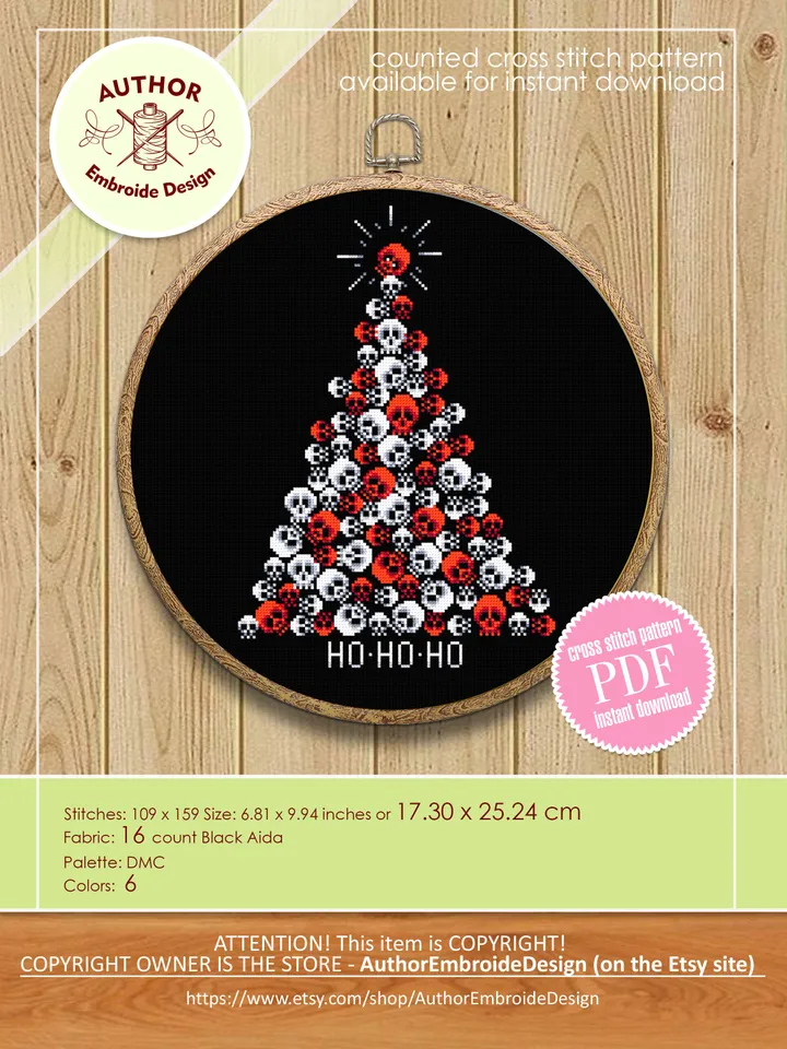 Horror Christmas tree cross stitch pattern download PDF Spooky Christmas pattern digital Gothic embroidery PDF Skull stitch Horror gift #N54