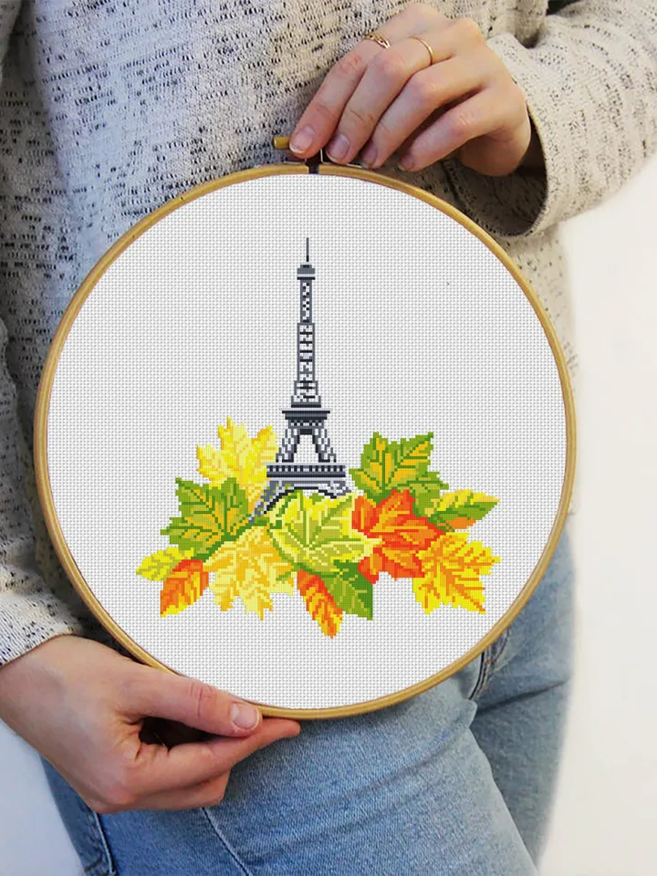 Eiffel Tower cross stitch pattern PDF download Fall cross stitch Maple leaf cross stitch chart Modern France embroidery Paris decor #E2