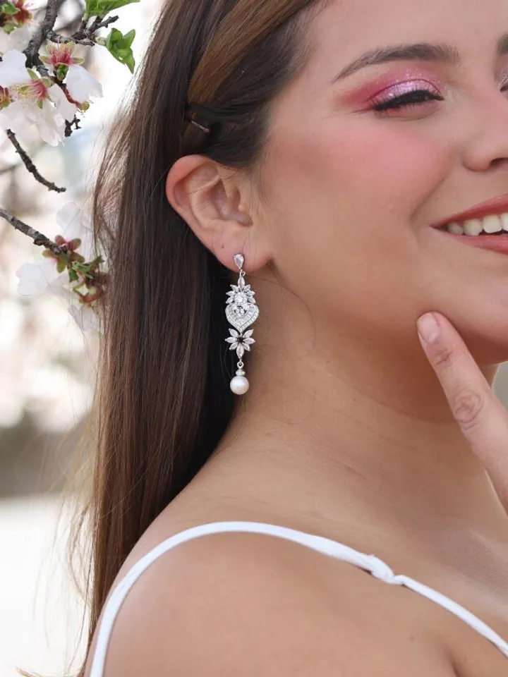 Art Deco Silver Swarovski Crystal Statement Wedding Earrings, Drop Pearl Chandelier Bridal Earrings, Boho Wedding Earrings, Bridal Jewelry