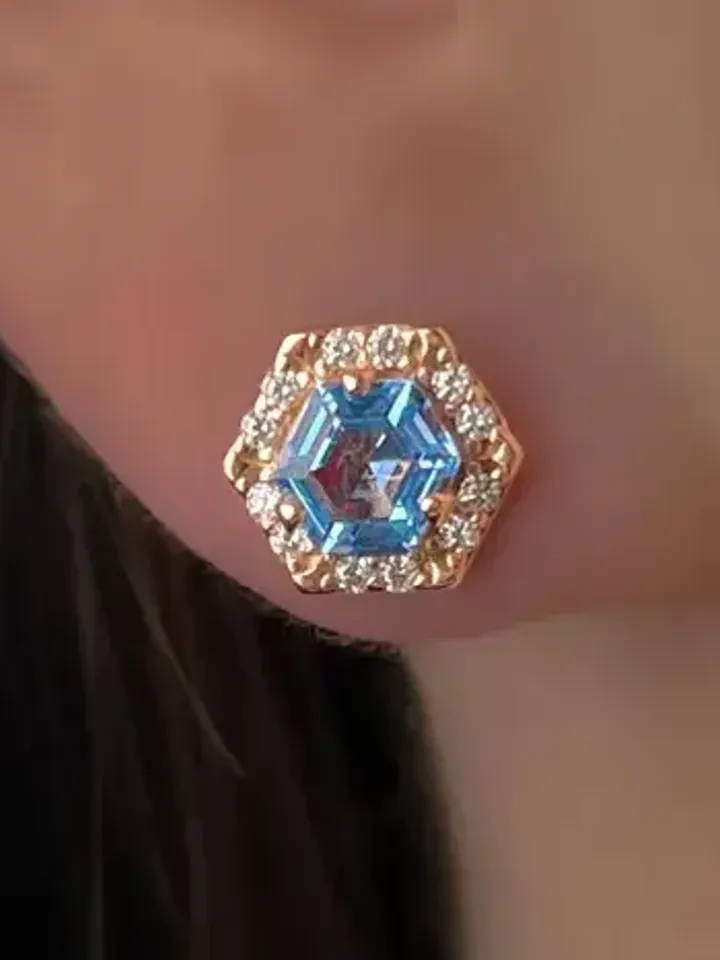 Stud earrings silver 925 gold plated, screw lock with topaz and cubic zirconia