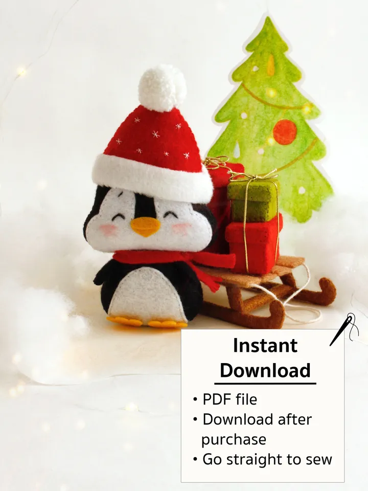 Felt penguin on the sleigh with Christmas presents hand sewing PDF tutorial with patterns, DIY Christmas tree ornament. Soft toy pattern