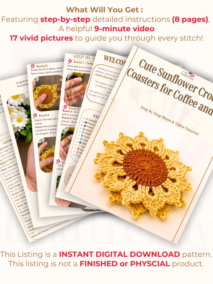 Cute Sunflower Crochet Coasters - Handmade Doily Coaster Set for Coffee and Tea - Fall Themed Sunflower Crochet Coaster Gift