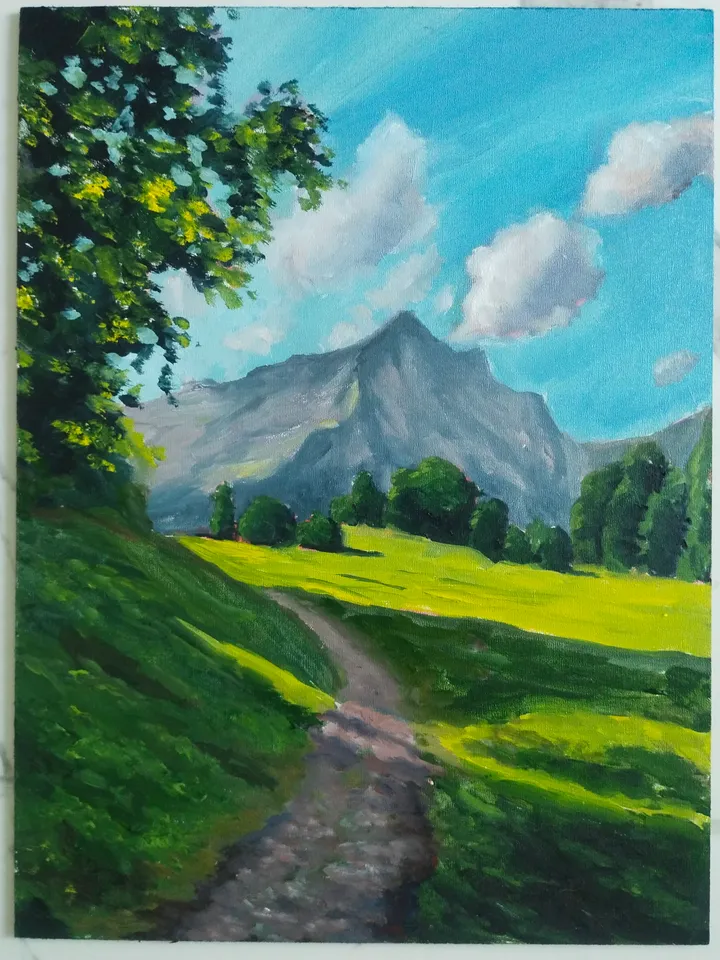 Landscape oil painting with mountains Switzerland Green hill and track Small artwork