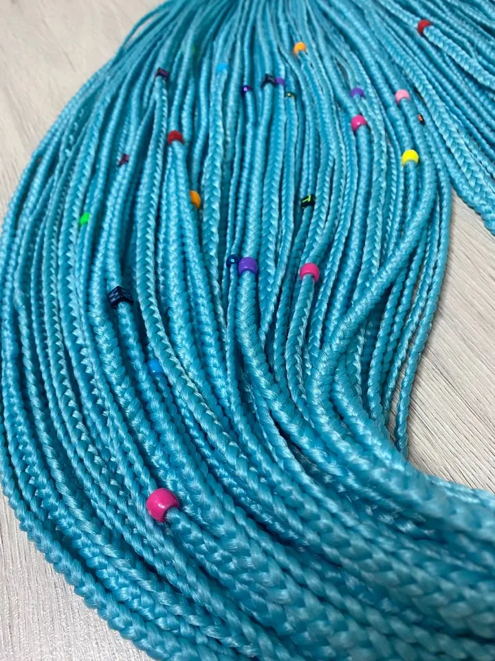 Turquoise braids hair extensions with beads. Synthetic Braids, teal hair extensions.