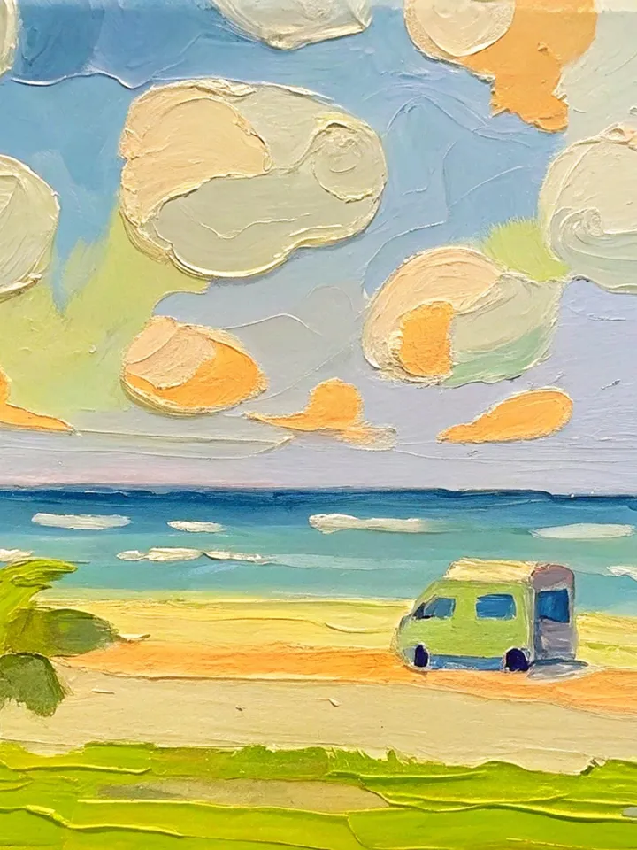 San Diego Beach Travel Original Art Impasto Oil Painting Small Camper Vanlife Impressionist Artwork Gift by ArtProkopaloSv