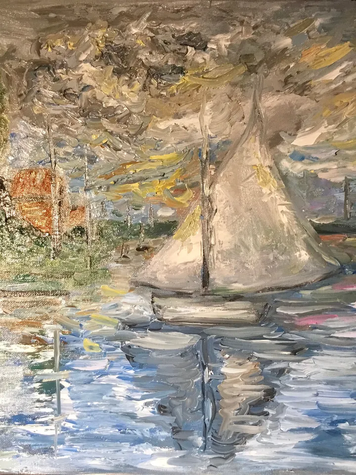 Boat on the river,original oil impressionistic style painting on canvas board,Monet inspired,handmade painting,home decoration wall hanging