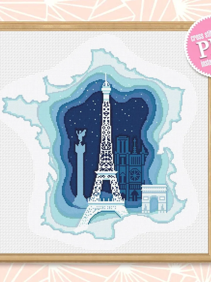 France map cross stitch pattern PDF download Eiffel Tower cross stitch chart, France pattern digital PDF, Paris decor #E15