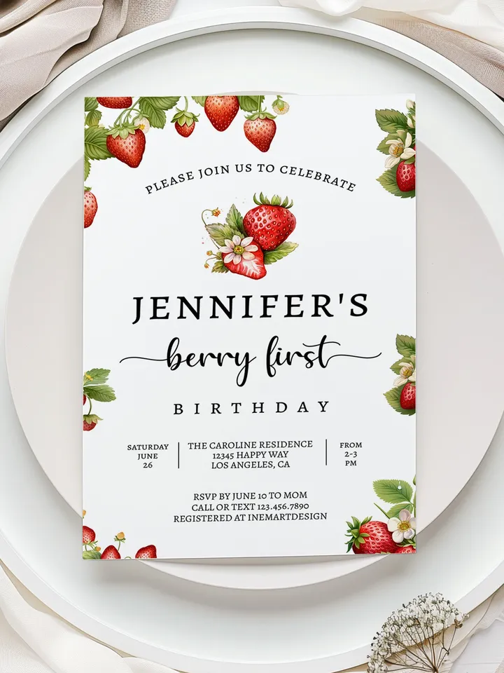 Editable Strawberry First Birthday Invitation Template Girl 1st Birthday Party Invite Berry First Birthday Cute Sweet Printable BF001
