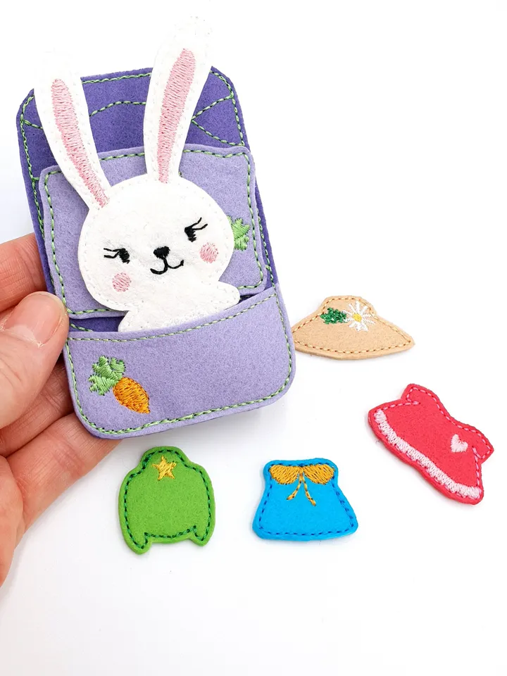 Bunny Dress Up Doll & Bed Pocket ITH Embroidery Design Set, Felt Paper Doll Clothes Pattern, Quiet Book Toy 4x4 Hoop