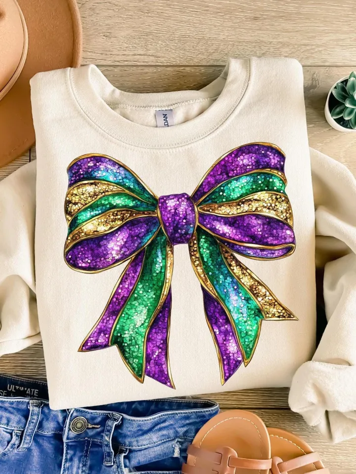 Mardi Gras Bow Sublimation PNG Coquette Bow Mardi Gras Shirt Mardi Beads Louisiana Festival Shirt New Orleans Carnival Glitter Bow Shirt