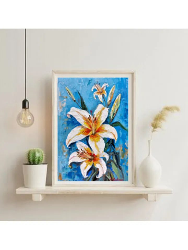 Original Oil Painting White Lilies Floral Painting with White Flowers 12" by 8" (30х20sm ) by OilPaintingNatali