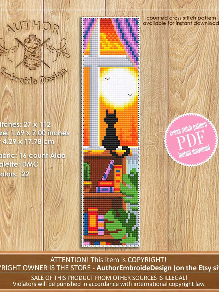 Cat Bookmark set cross stitch pattern download PDF Handmade bookmark cross stitch, Black cat embroidery, Sunset, Nature landscape Moon #B112