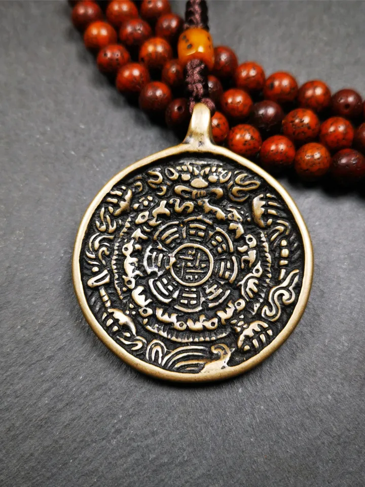 Gandhanra Antique SIPAHO(srid pa ho) Amulet, Tibetan Buddhist Astrology Calendar Badge,12 zodiac Melong Mirror, Jiugong Bagua,30 Years Old