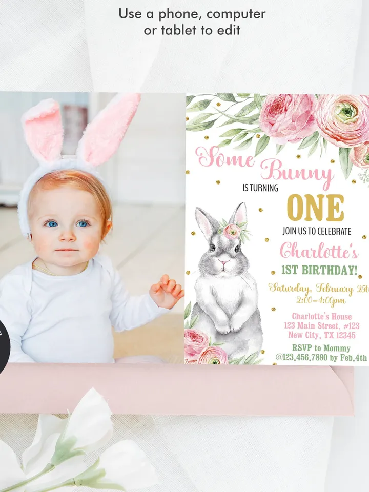 Bunny Birthday Invitation Girl 1st Birthday Invitation, Some Bunny Birthday Invitation with photo Instant Download, Editable Template