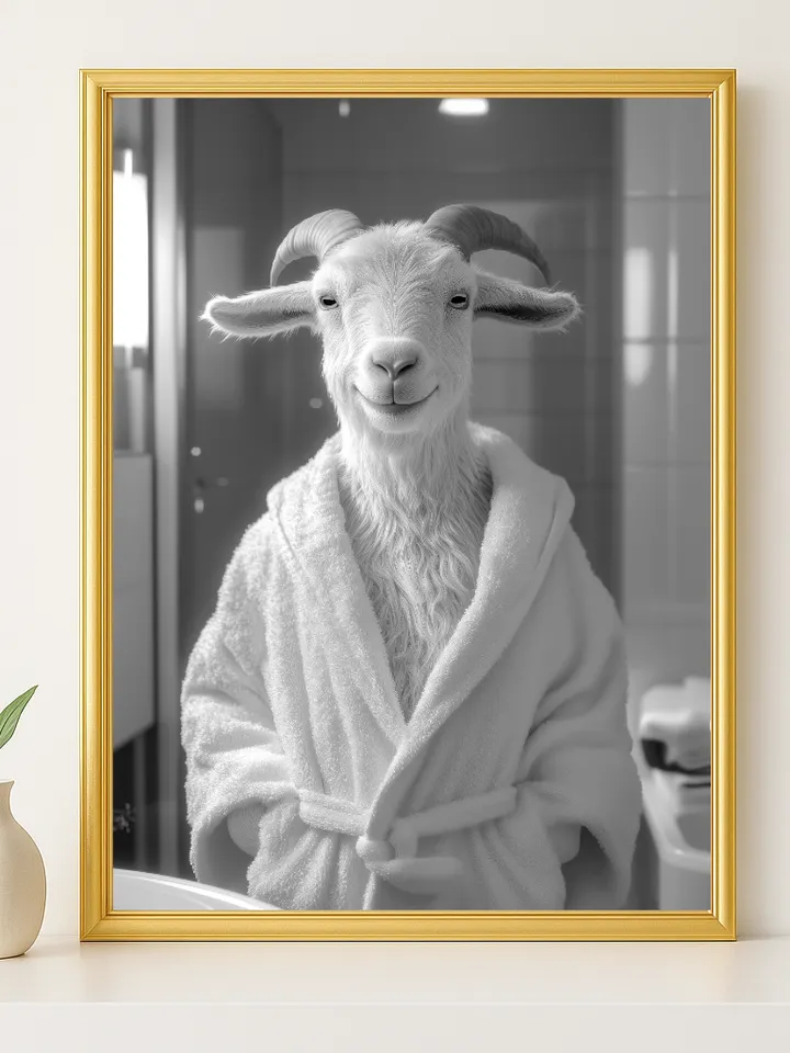 Smiling Goat Bathroom Wall Art, Funny Farm Animal in Robe Print, Whimsical Spa Decor, Country Style Nursery Digital Download