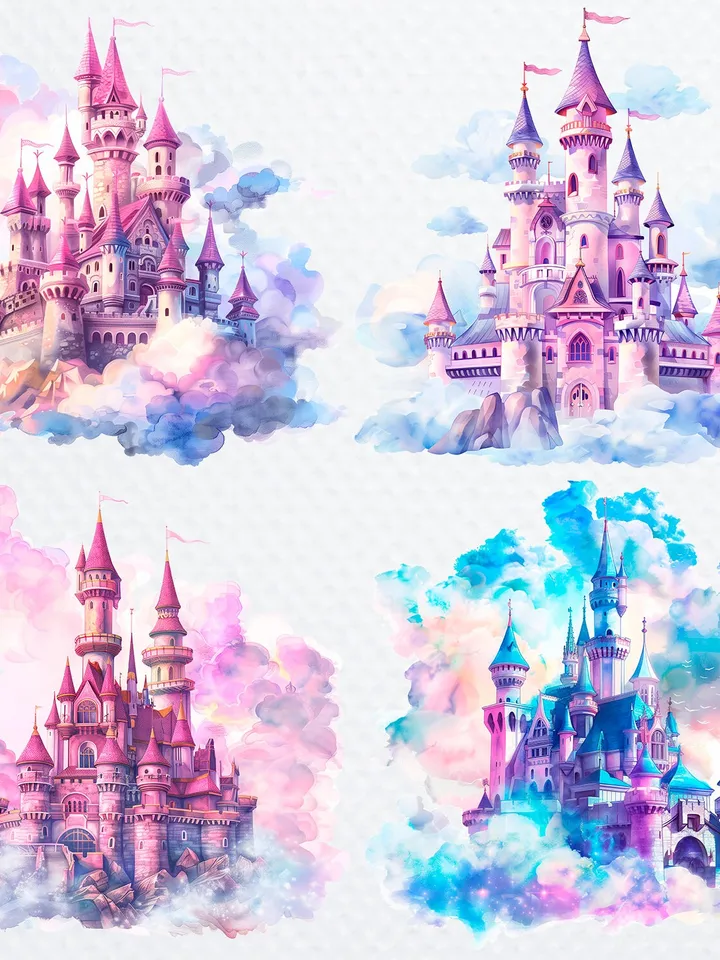 12 Princess Castle PNG Clipart, Watercolor Princess Castle In the clouds for sublimation, Princess Castle Paper craft, Junk Journals