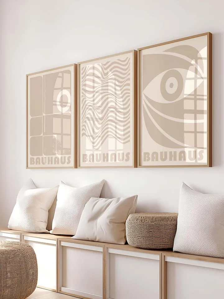 Beige Bauhaus Wall Art Set of 3, Neutral Geometric Prints, Abstract Poster, Mid Century Art, Modern Minimal Poster, Printable Home Decor